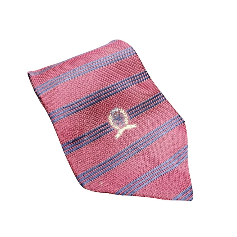Tommy Hilfiger Red Navy Blue Striped Crest Silk Tie Preppy Ivy League‎ Classic